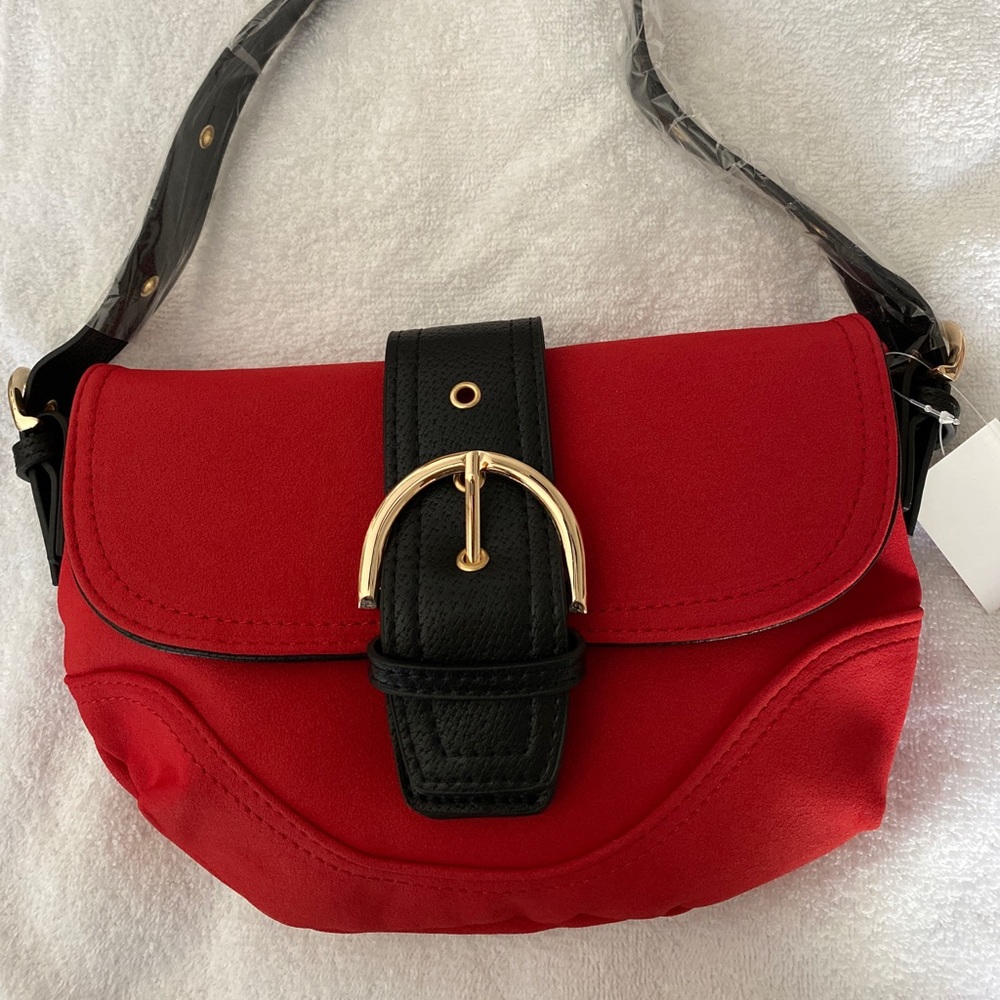 Red Faux Suede Shoulder Purse
